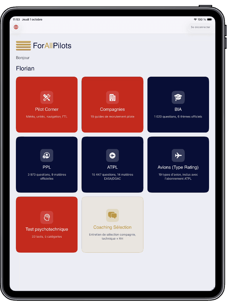 L'application ForAllPilots sur iPad, avec les mêmes rubriques sur un écran plus grand