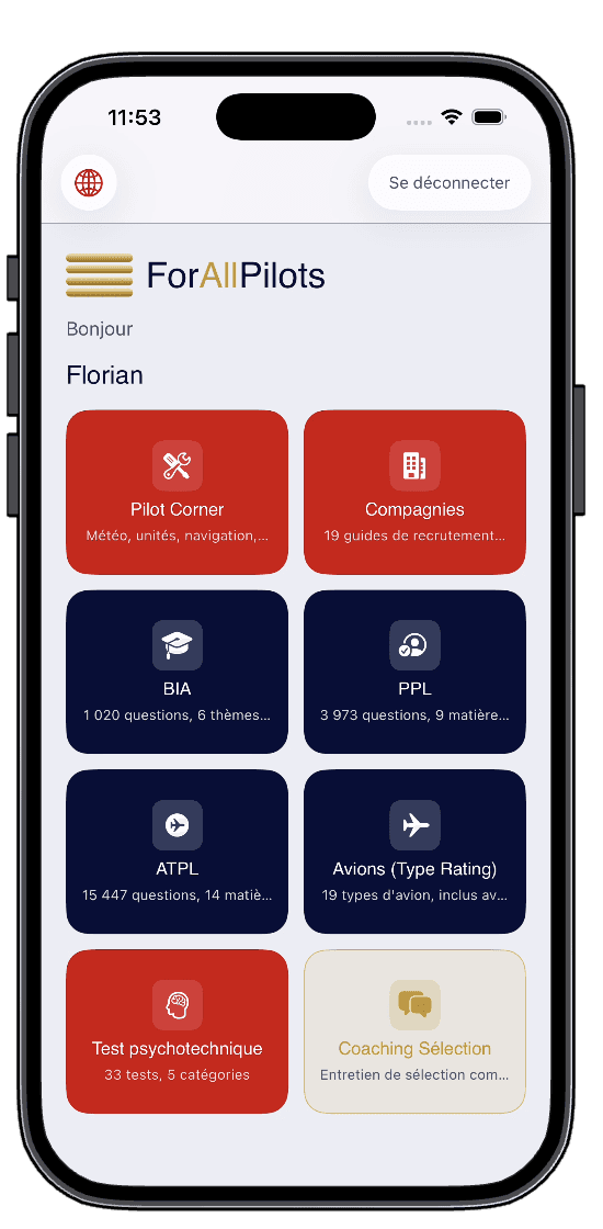 L'application ForAllPilots sur iPhone : Pilot Corner, Compagnies, BIA, PPL, ATPL, Avions, Test psychotechnique et Coaching Sélection